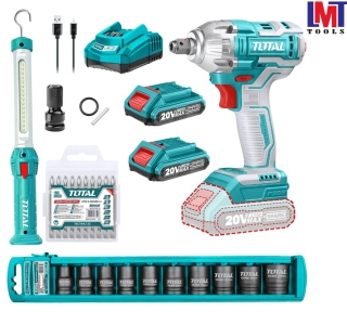 Bộ combo máy siết buloong không chổi than TIWLI2038 & đèn làm việc TWLI35261 dùng pin 20V Total TOSLI231004