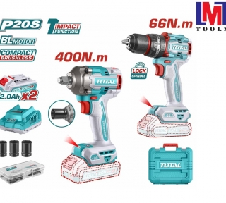 Bộ combo máy khoan búa TIDLI206681 & máy siết bu lông TIWLI20401 dùng pin 20V Total TCKLI20275