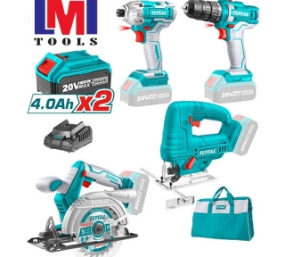 Bộ combo 4 máy gồm cưa đĩa tròn TSLI1401, cưa lọng TJSLI6508, siết vít TIRLI2017 và khoan TDLI20051 dùng pin 20V Total TCKLI20104