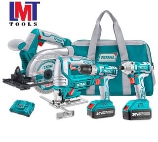 Bộ combo 4 máy gồm cưa đĩa tròn TSLI1401, cưa lọng TJSLI8501, siết vít TIRLI2002 và khoan TDLI20024 dùng pin 20V Total TCKLI2010