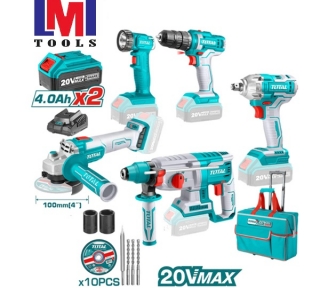 Bộ combo 5 máy siết bulong TIWLI2038, khoan TDLI20051, mài góc TAGLI201008, đèn TWLI2023, khoan động lực TRHLI20228 Total TCKLI2018