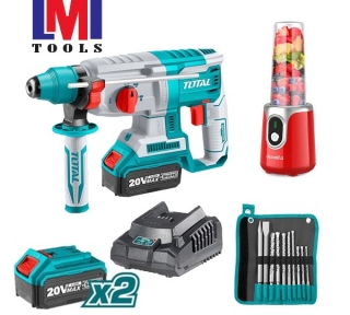 Bộ combo máy xay sinh tố KMJB022R , máy khoan búa dùng pin TRHLI202287 pin 20V và bộ 8 mũi khoan bê tông TACSD19101 Total TOSLI23061 Bộ combo máy xay sinh tố KMJB022R , máy khoan búa dùng pin TRHLI202287 pin 20V và bộ 8 mũi khoan bê tông TACSD19101 Total TOSLI23061